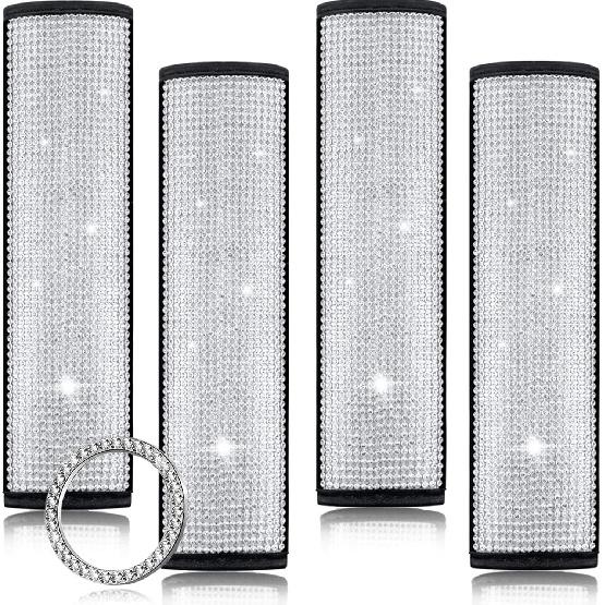 Tallew 5 Pack Bling Seat Belt Covers Rhinestones Car Seat Belt Strap Shoulder Pad for Women with Crystal Diamond Soft Rhinestone Start Button