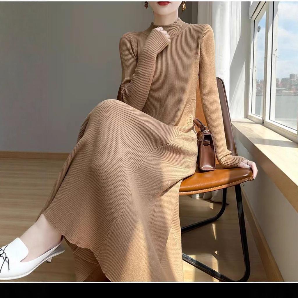 Autumn and winter semi-turtleneck knitted long dress, new with coat, sweater inside, skirt temperament base women's clothing