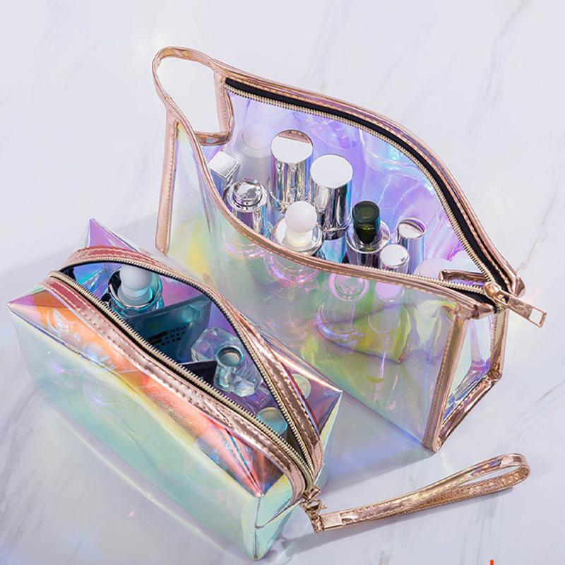 Borsa Trasparente Impermeabile in PVC per Cosmetici, Necessaire, Organizer per Trucco, Colore Laser, Cerniera, Lavabile, Beauty Case