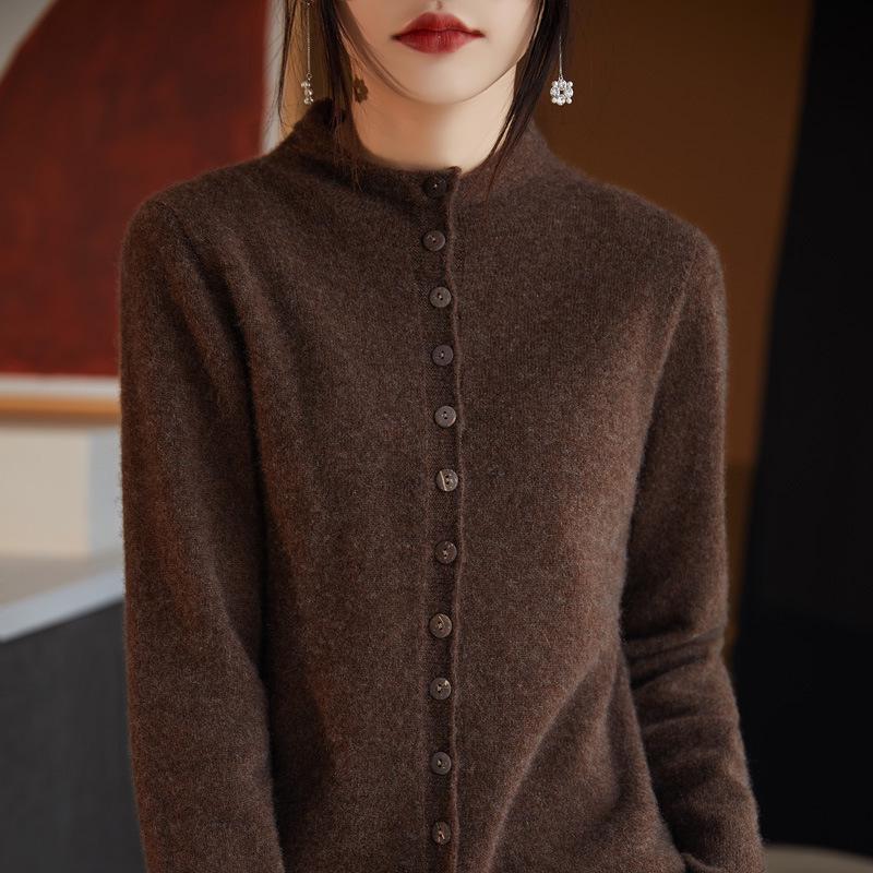 Women's 100% Wool Stand Collar Seamless Cardigan - Loose Knit Long Sleeve Cashmere Coat for Autumn/Winter