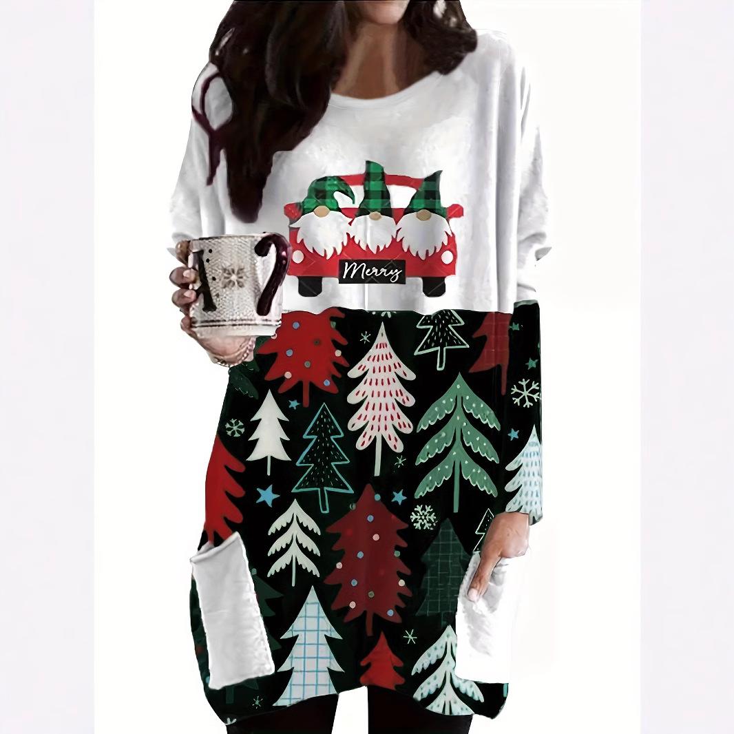 

Женское повседневное короткое рождественское платье с длинным рукавом и круглым вырезом L чёрный