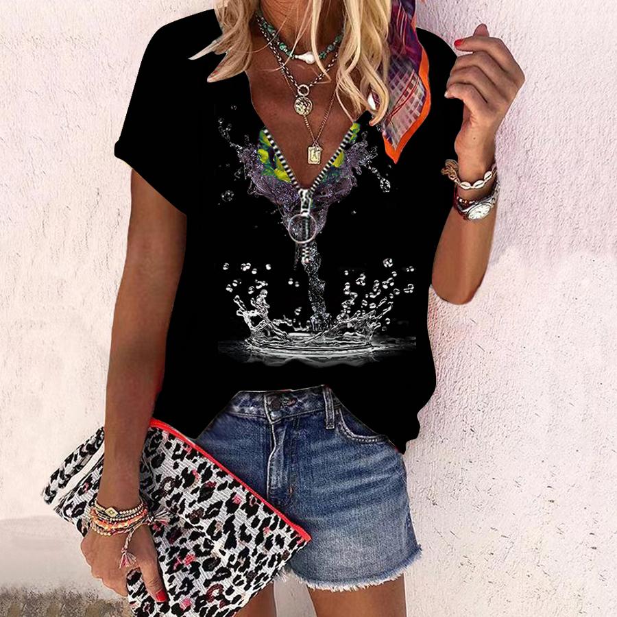 

Женский топ, летняя новая мода, роза, розы в воде, повседневный топ на молнии с v-образным вырезом и короткими рукавами 8XL жёлтый