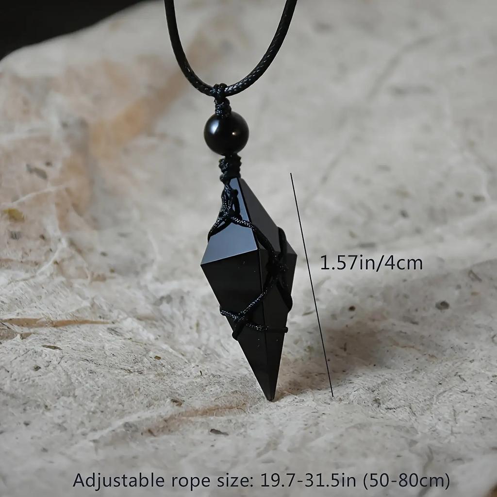 Natural Obsidian Necklace Handmade Bohemian Jewelry with Glossy Rhombus Faux Crystal Pendant Elegant and Minimalist Design for Women and Men