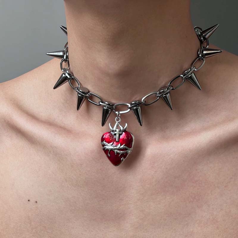 Punk Black Beads Rivet Choker Necklaces for Men Women Exaggerated Silver Color Metal Long Spike Tassel Necklaces Y2K Jewelry