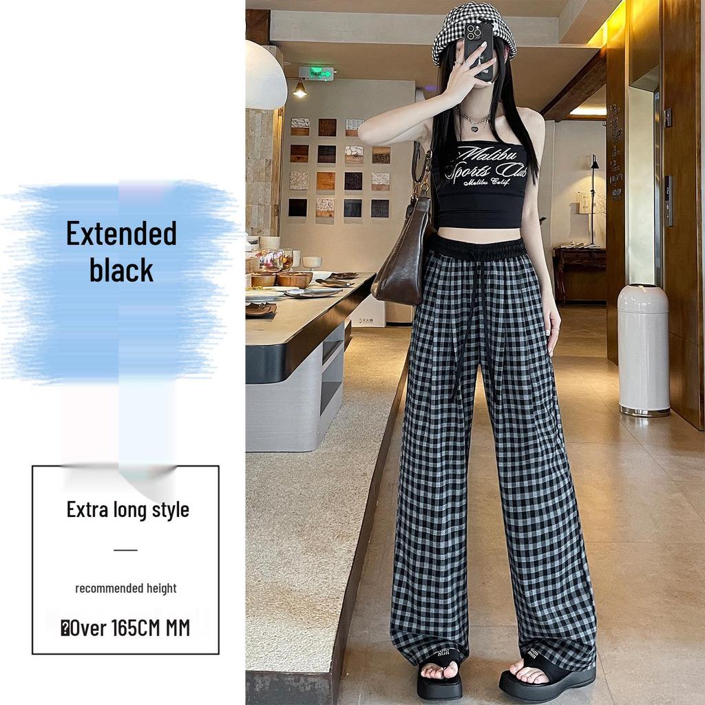 Retro Blue Plaid Wide-Leg Pants - Spring/Summer 2026 Collection, Lazy Style, Drapey Straight-Leg Casual Pants