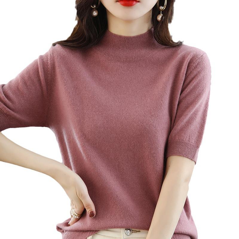 Pulover Tricotat cu Mâneci Medii pentru Femei - Gât Mediu-Înalt, Top Versatil Slimming