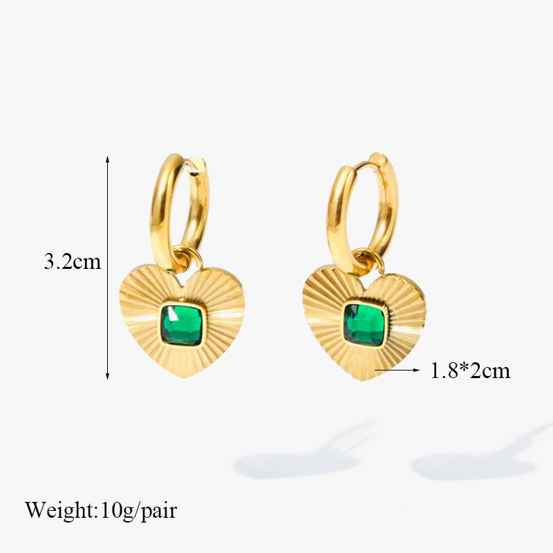 Stainless Steel Heart Love Green Crystal Pendant Necklace Earrings for Women Party Punk Jewelry Gift