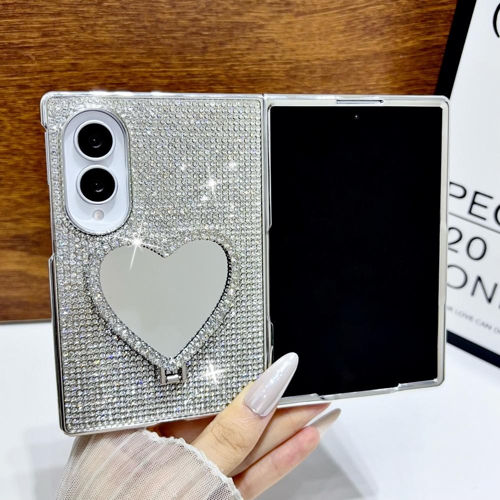 Shiny Rhinestone Heart Mirror Stand Phone Case For Samsung Z Fold 8 Fold8 Ultra Galaxy Z Fold 7 6 5 Plated Frame Glitter Cover