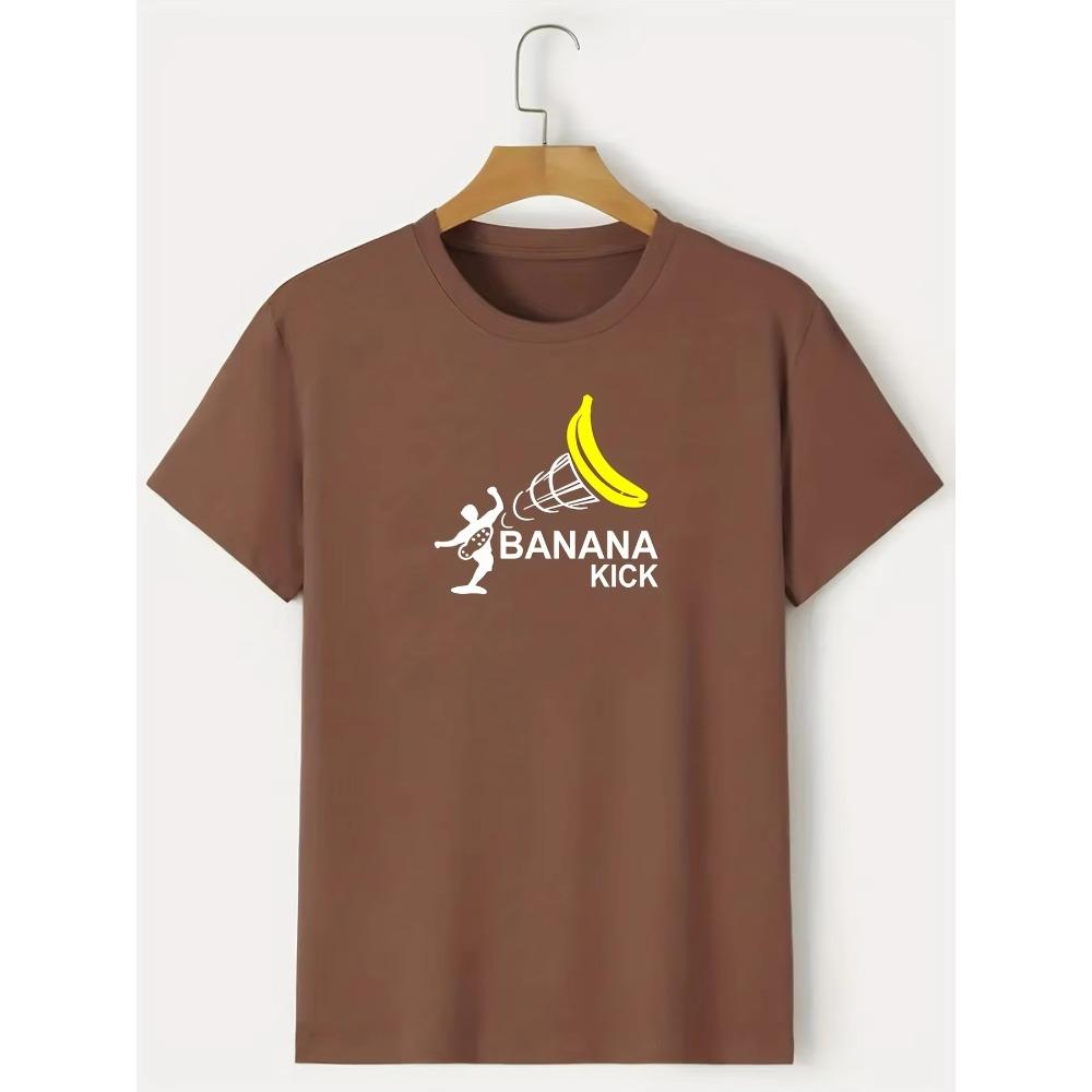 "Banana Kick" Graphic T-shirt, Men's Casual Solid Color Slightly Stretch Round Neck Tee For Spring Summer