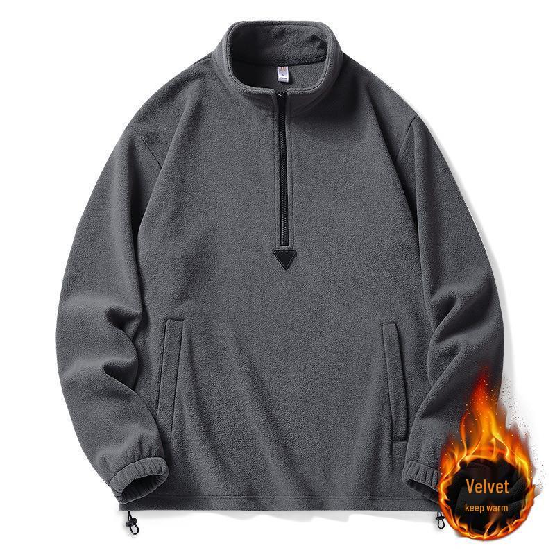 Men's High Collar Plush Fleece Hoodie - Solid Color Zipper Jacket for Spring 2025