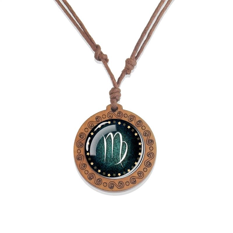 12 Zodiac Signs Constellation Necklaces Glass Dome Vintage Wooden Pendant Rope Chains Necklace for Women Men Jewelry Birthday Gift