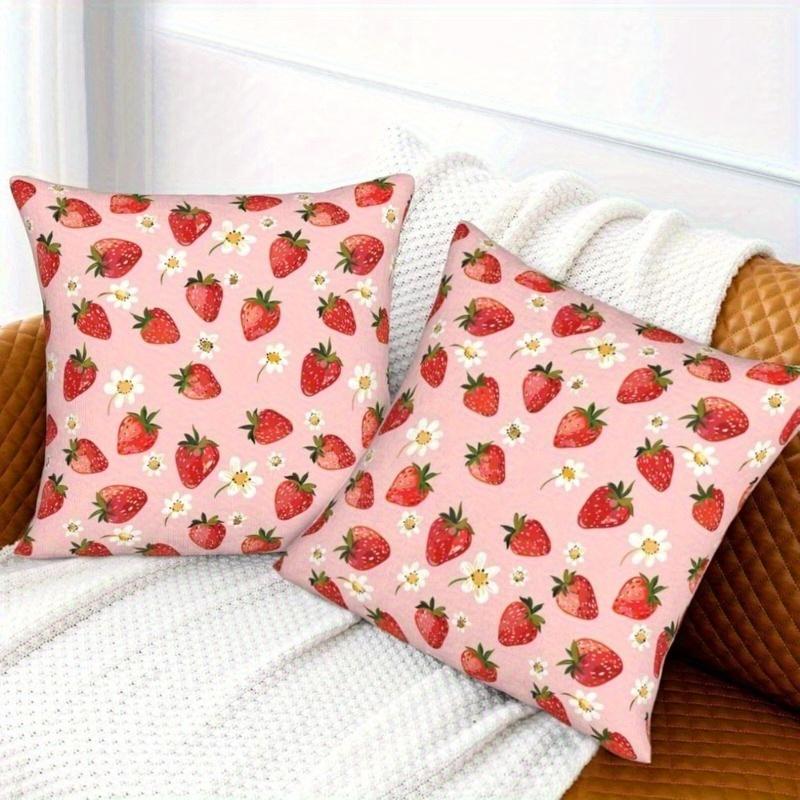 1Pc Strawberry & Daisy Pillow Cover, 2D Double-Sided Polyester Cushion Case, Pink Pastoral Decor, Gift For Fruit & Floral Lovers
