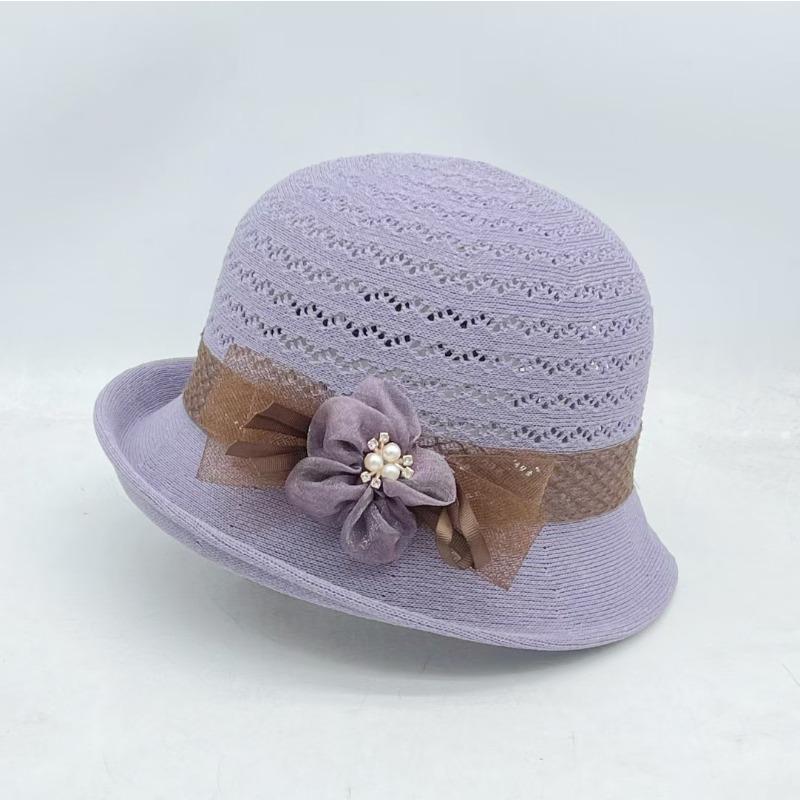 WTEMPO Women's Knitted Hollow Out Sun Hat Elegant Flower Decor Straw Bucket Hat, Breathable Casual Cap with Pearl Detail