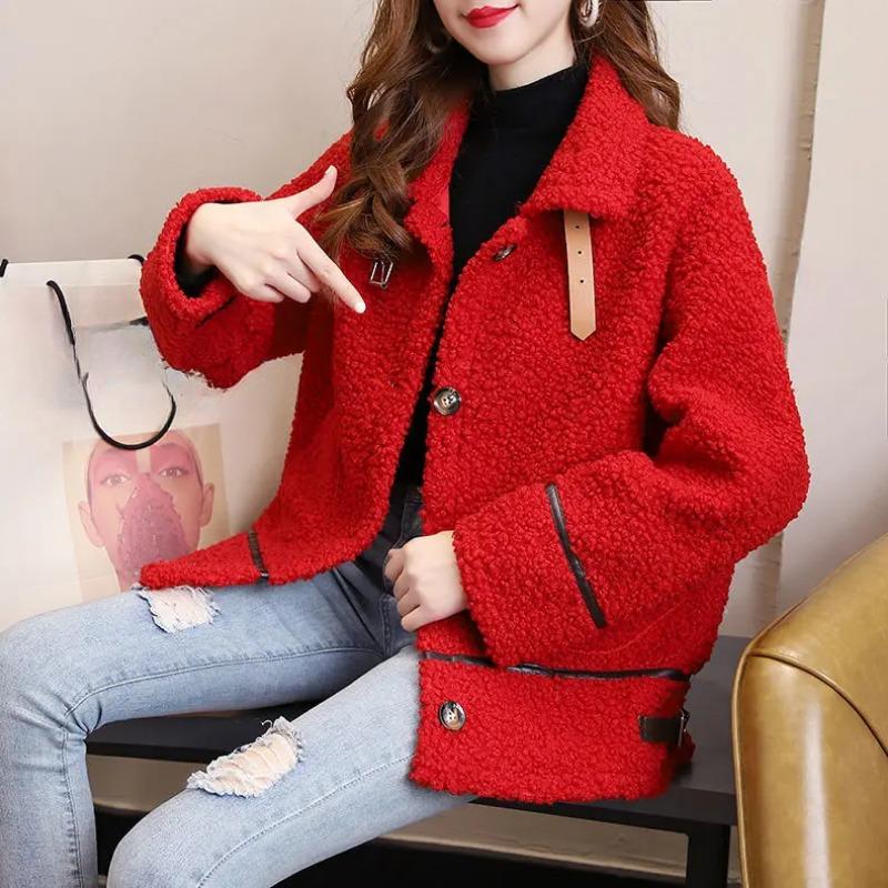 

Корейская модная овчинная шуба для женщин, свободная, мягкая, шерстяная, женская зимняя куртка 2024 года, толстая, теплая, женская, универсальная XXXL красный