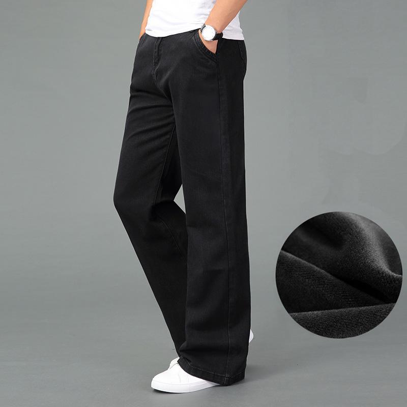 

Мужские зимние утолщенные теплые свободные широкие брюки, слегка приподнятые джинсовые брюки, мужские брюки-клеш со средней талией 40 чёрный
