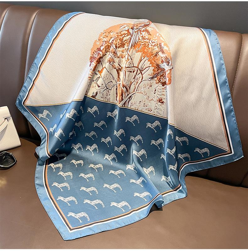 Spring/Summer 70*70cm Square Printing Scarf 2024 New Retro House Wrap  for Women Soft Satin Imitation Silk Neck Scarf