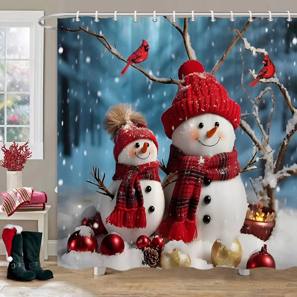 Christmas Theme Shower Curtain Winter Snow Christmas Tree Deer Rustic Wooden Panel Fabric Washable Shower Curtain Bathroom Decor