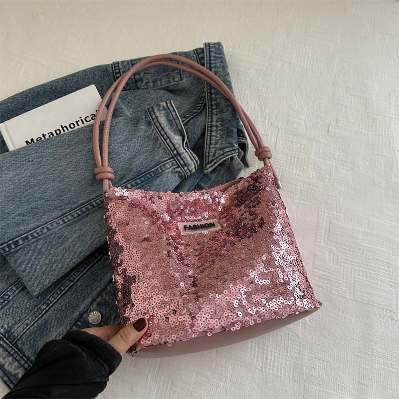 Современная повседневная сумка-тоут с пайетками Универсальный весенний стиль Сумка-ведро для повседневного использования розовый