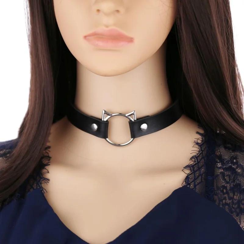 Gothic PU Leather Lock Hollow Cat Spike Rivet Collar Studded Punk Choker Necklace for Women Chocker Goth Jewelry