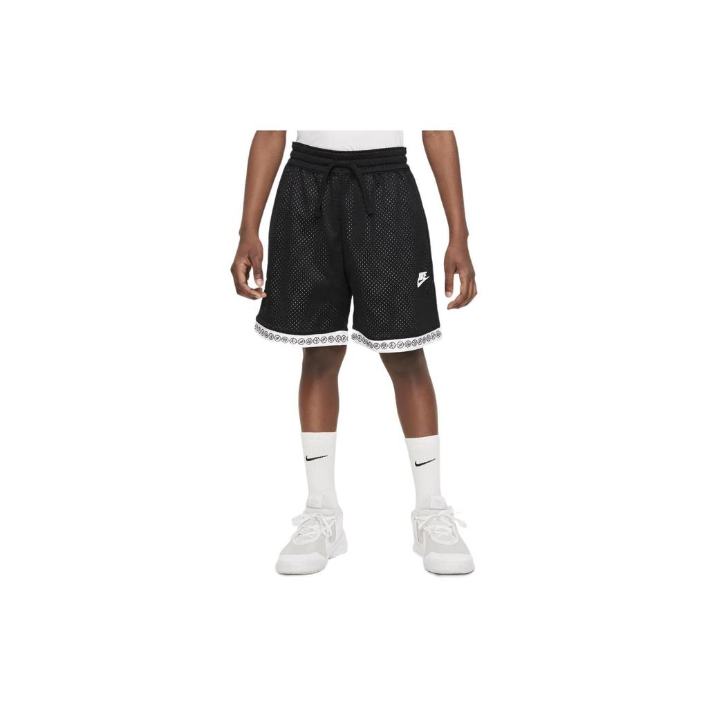 Nike Reversible Contrast Trim Logo Drawstring Mesh Breathable Sports Shorts for Kids Kids Bottoms Black White DR6973-010