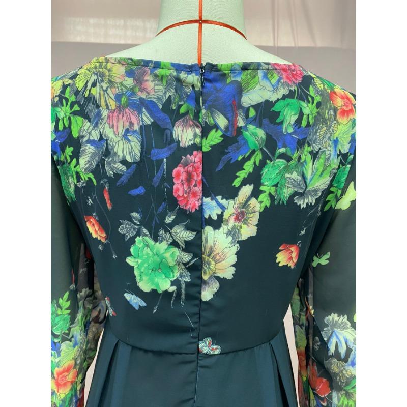 Women's Summer Printed Sexy Hollow Slim Long Sleeve Big Swing Long Dresses
