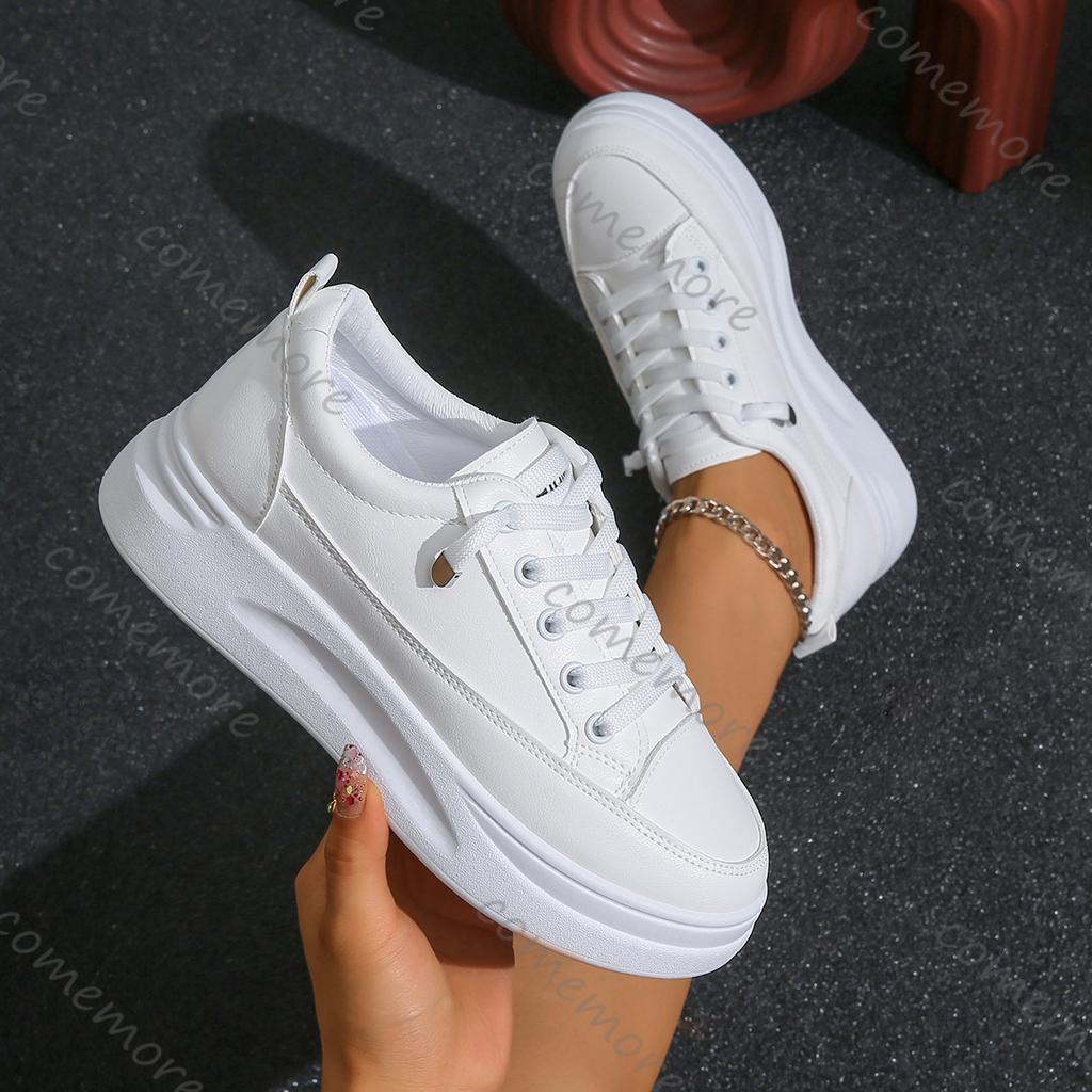 Comemore Spring and Autumn New White Sneakers Casual Thick Bottom Heightening Shoes for Women Lace Up Flat Board Tennis Shoes