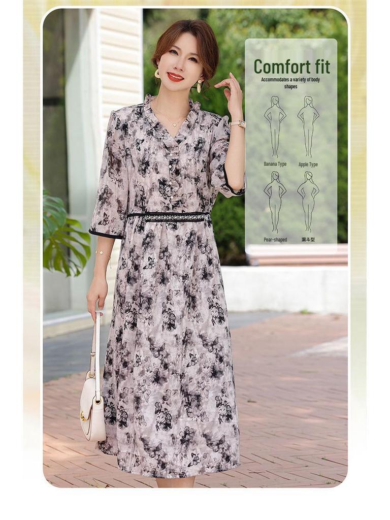 Elegant Summer Mid-Sleeve Dress for Middle-Aged & Elderly Women