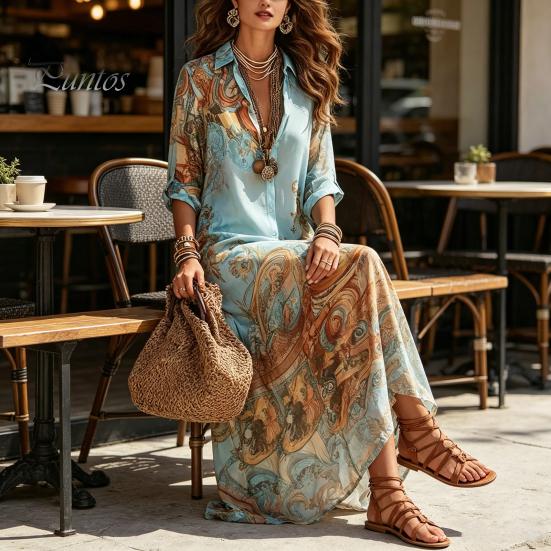 Casual Vakantiejurk Dames Dames Boho Bedrukte Blouse Maxi Jurk, 3/4 Mouw Knopen Makkelijk te Onderhouden Reis Lange Zomer Losse Vloeiende Strand Zomerjurk