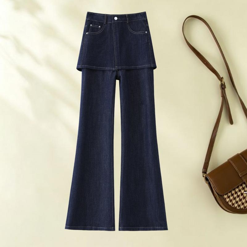 This year, fake two-piece denim micro-pull pants are popular for women's autumn new high-waisted design fart curtain horn trousers