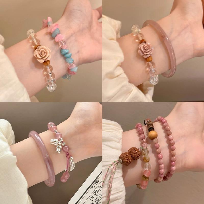 Aquamarine Camellia Beaded Elastic Bracelet Women's Forest Style Traditional Chinese Style Exquisite Bracelet Colorful Pink Mist High-End Bracelet