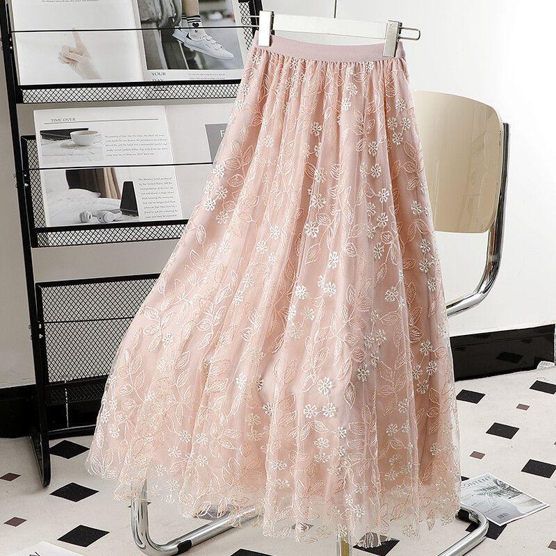 Elegant Embroidered Mesh Skirt Women Summer  Floral Midi Skirt  New Design