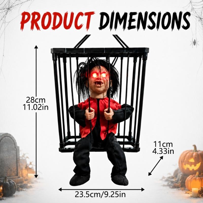 Black Suspended Halloween Figure In Cage, Light Detail Hanging Piece for Home Entry, Window Display, Porch, Party Styling, and Indoor Use