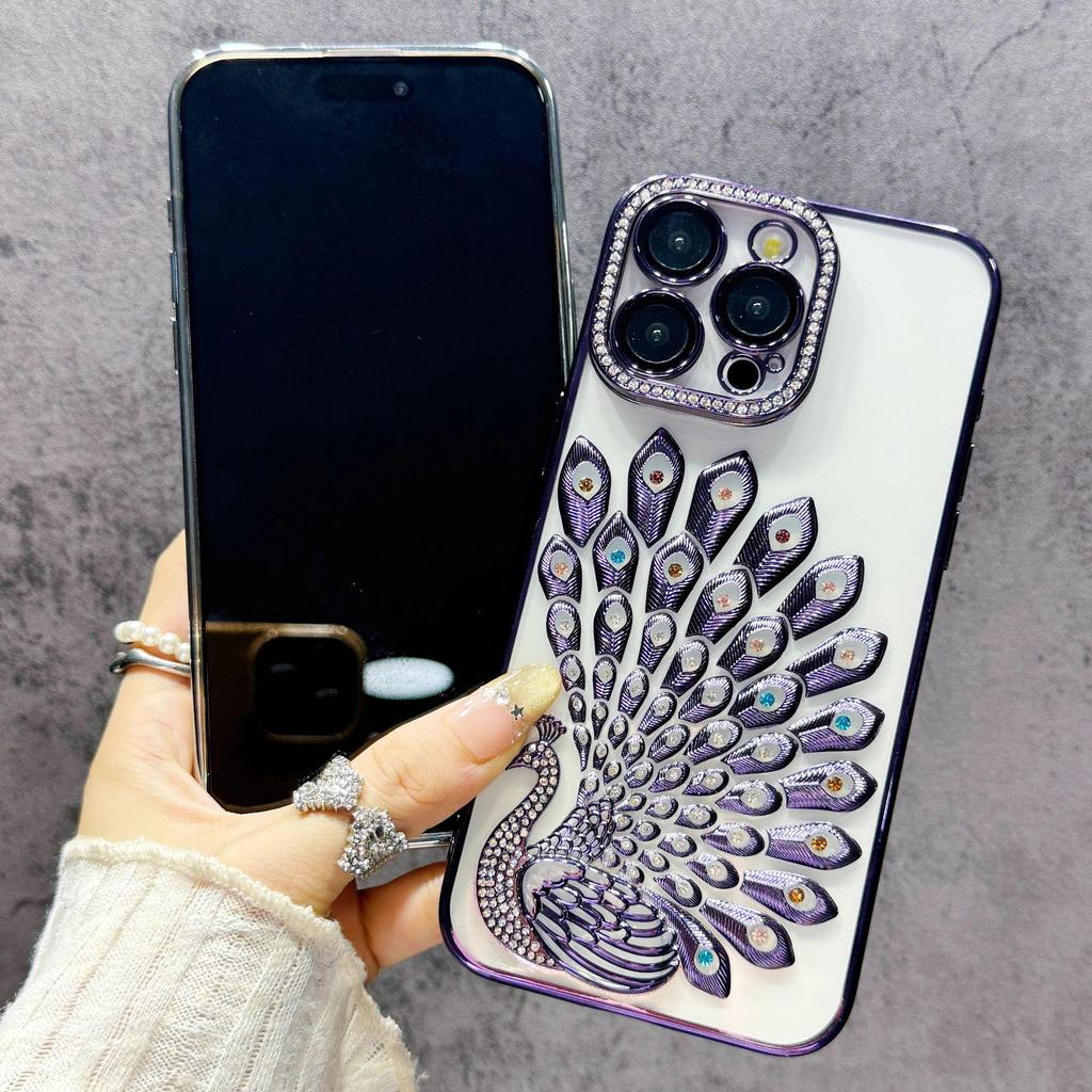 Electroplated Peacock Rhinestone Case for iPhone 15/16/17 Pro Max