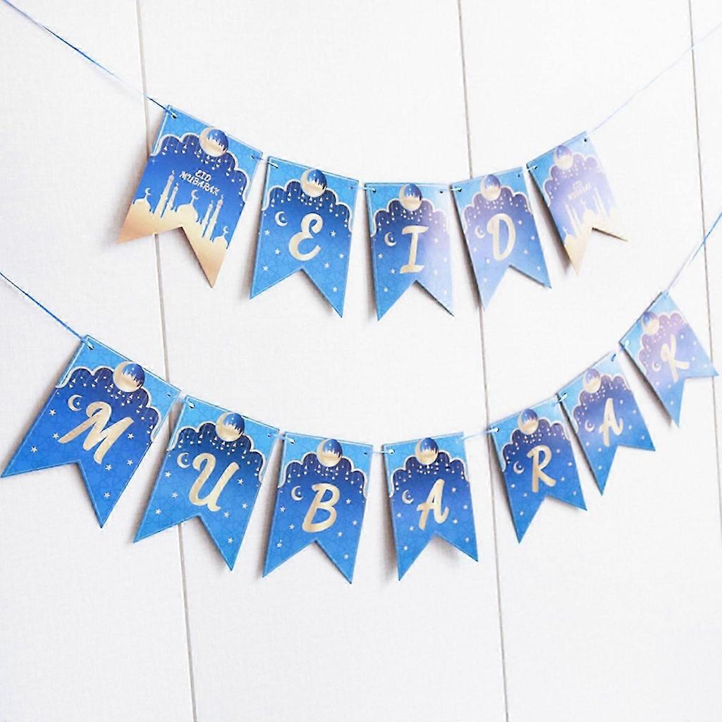 Eid Mubarak Blau für Banner 2022 Mond Stern Wimpelkette Hintergrund Dekoration für Islam Muslim Ramadan Party Wand Tür Dekoration Geschenk Zubehör