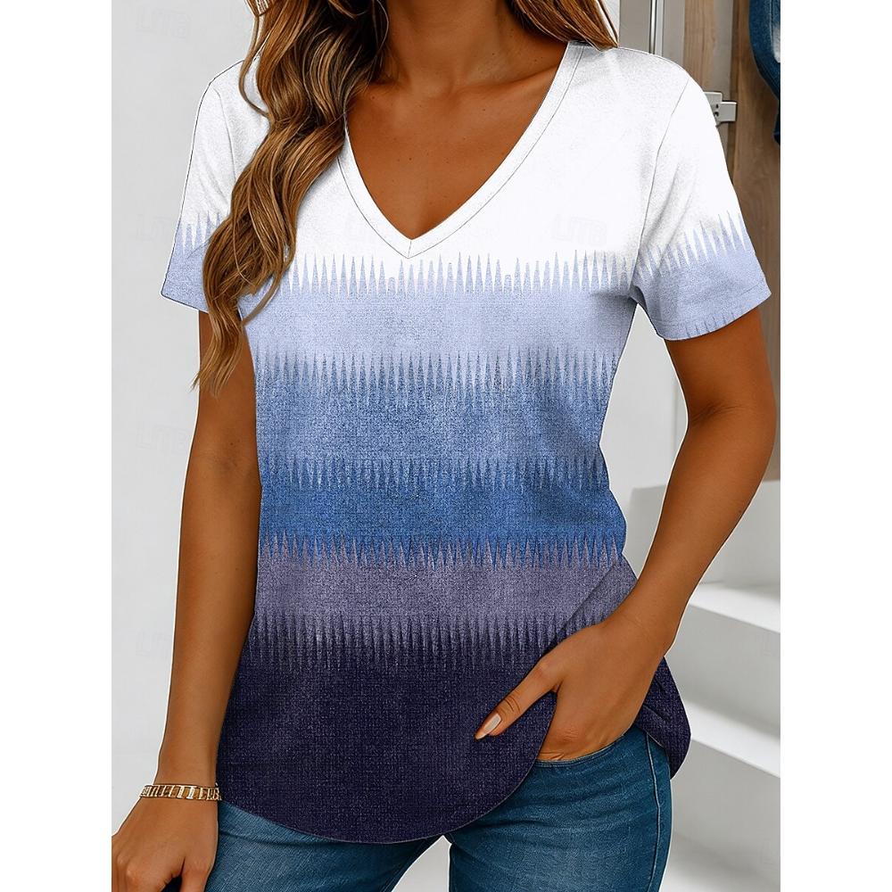

Women s Ombre Striped Print T-Shirt, V-Neck Short Sleeve Crop Tops, Blue Purple Brown Green, Spring Summer XL