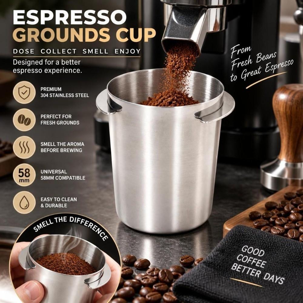 Smooth Surface Espresso Dosing Cup Silver Coffee Measuring Cup Espresso Powder Transfer