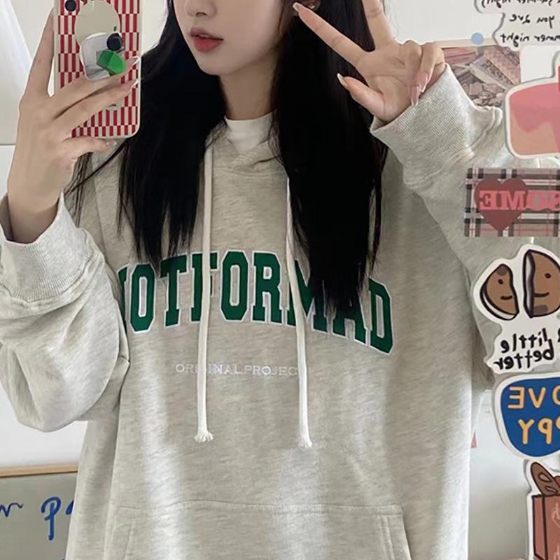 Padded Hooded Sweatshirt Female Autumn and Winter Loose Letter Printing Student Jacket Long-sleeved Tops Fashion Retro Versatile Sweatshirt