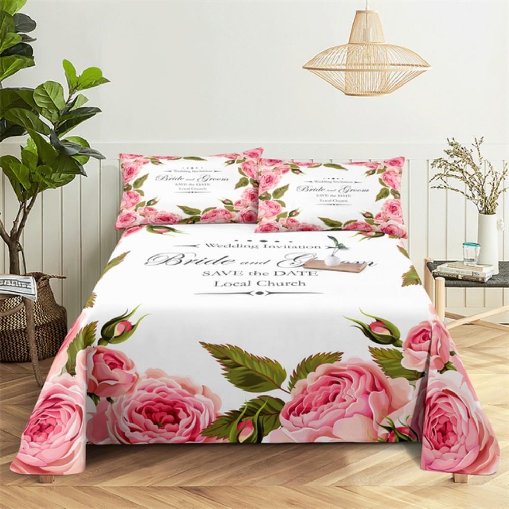 Pink Rose Bed Sheet Sets 3D Print Flowers Bed Flat Sheet for Women Girls King Queen Full Twin Size 2/3pcs Bed Linen Room Decor