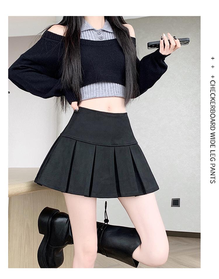 Women's High Waist Suede Pleated A-line Skort - Autumn/Winter Casual Slimming Leather-Look Anti-Exposure Design