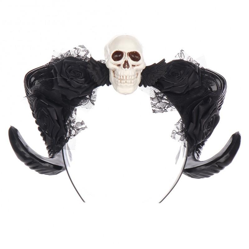 Gothic Halloween Headband With Horns Skull Devil Red Rose Hair Accessory Costume Party Unisex