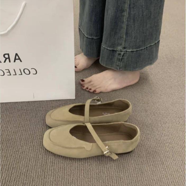 2025 Spring and Summer New French Flat-soled Retro Single Shoes Comfortable and Versatile One-word Belt Mary Jane Shoes Square Head Shoes