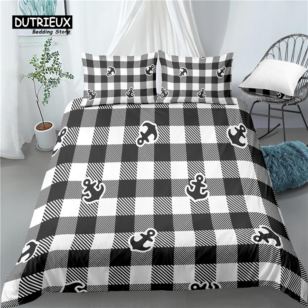 Home Living Luxury 3D Anchor Plaid Print 2/3Pcs Comfortable Duvet Cover Pillowcase Bedding Sets Queen And King Eu/Us/Au Size