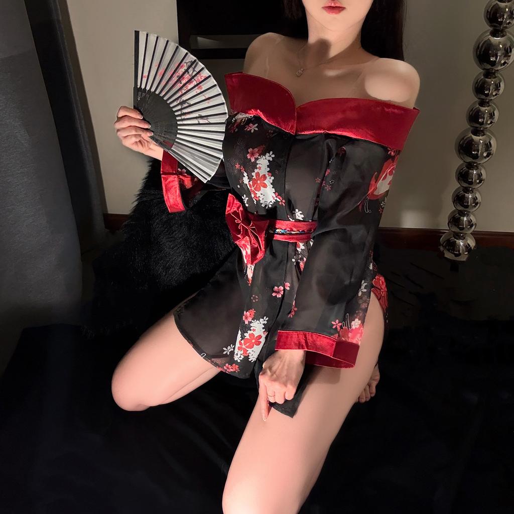 Sexy Off-the-shoulder One-word Shoulder Japanese Black Flower Kimono See-through Buttocks Free-of-charge Bathrobe Cardigan Costume Cosplay