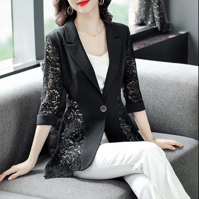 Elegant Work Blazer Coats for Women  Spring Summer Fashion Lace Notched Collar Slim Coat   Black Casual Women's Jacket
