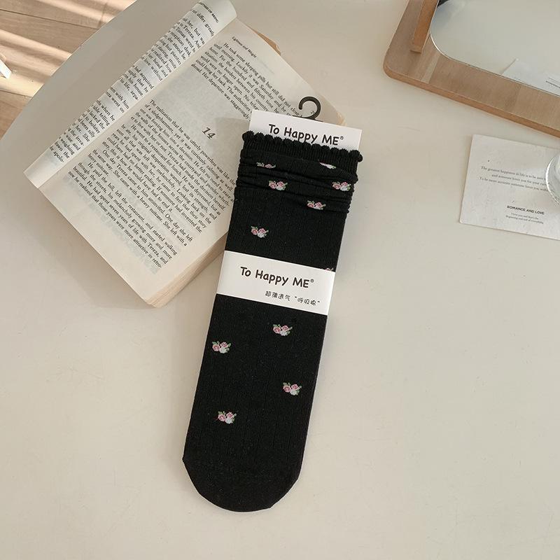 Women's Spring & Summer Korean-Style Floral Lace Trim Slouch Socks - Mid-Calf, Seamless, Thin