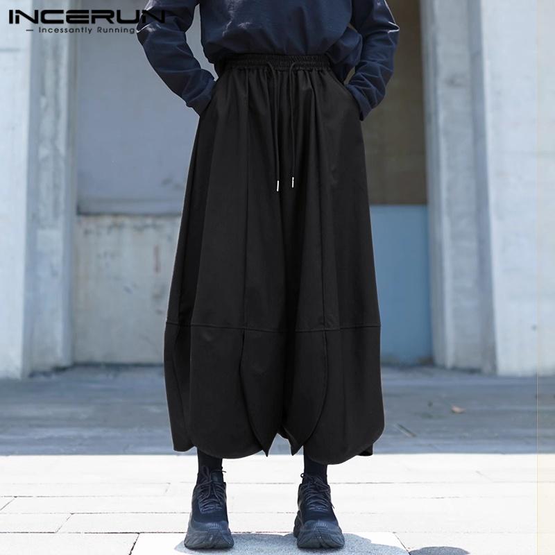 INCERUN Men Elastic Waist Irregular Layers Casual Loose Wide Leg Ankle Pants
