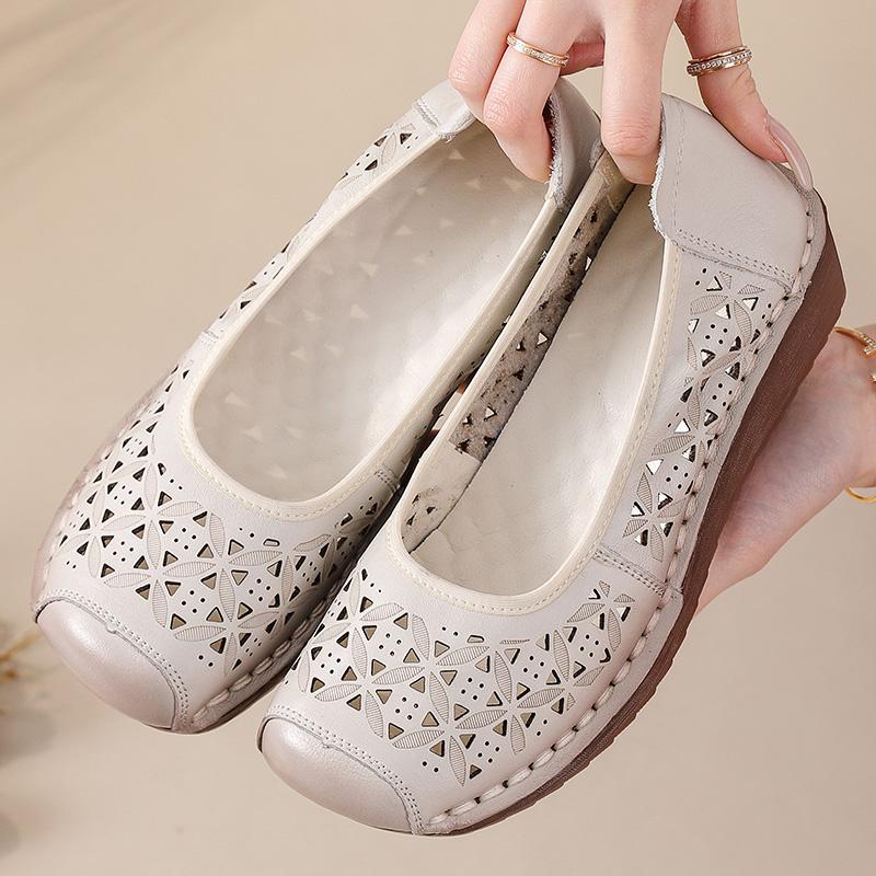 New genuine leather wedged sandals women's breathable summer autumn shoes elderly woman slip on shallow moccasins ladies sandal