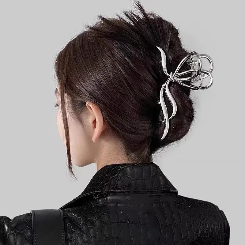 Large Bowknot Womens Hair Claw Clip for Thick Thin Hair Accessories Trendy Elegant Gold Silver Metal Streamer Crab Clamp Jewelry