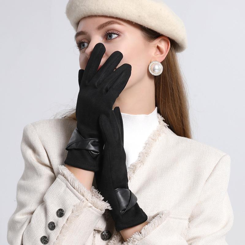 Winter Gloves Women's Suede, Cold-proof and Warm Gloves Women's Fleece Thickened Gloves Men's Bow Gloves Women
