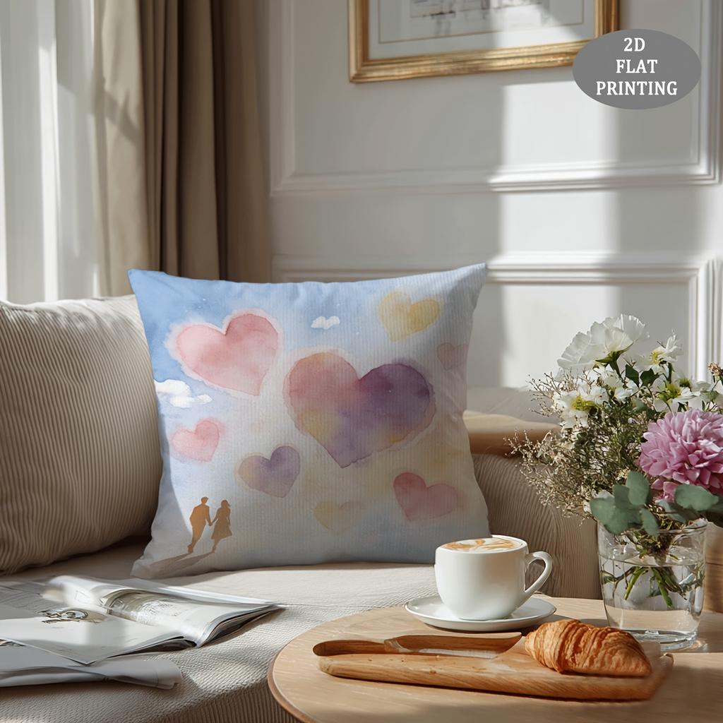 1pc Red Heart-Shaped Petal Pattern Plush Throw Pillow Cover | 2D Flat Printing, Single-Sided, 18x18 inch, Suitable for Sofa and Living Room Decor